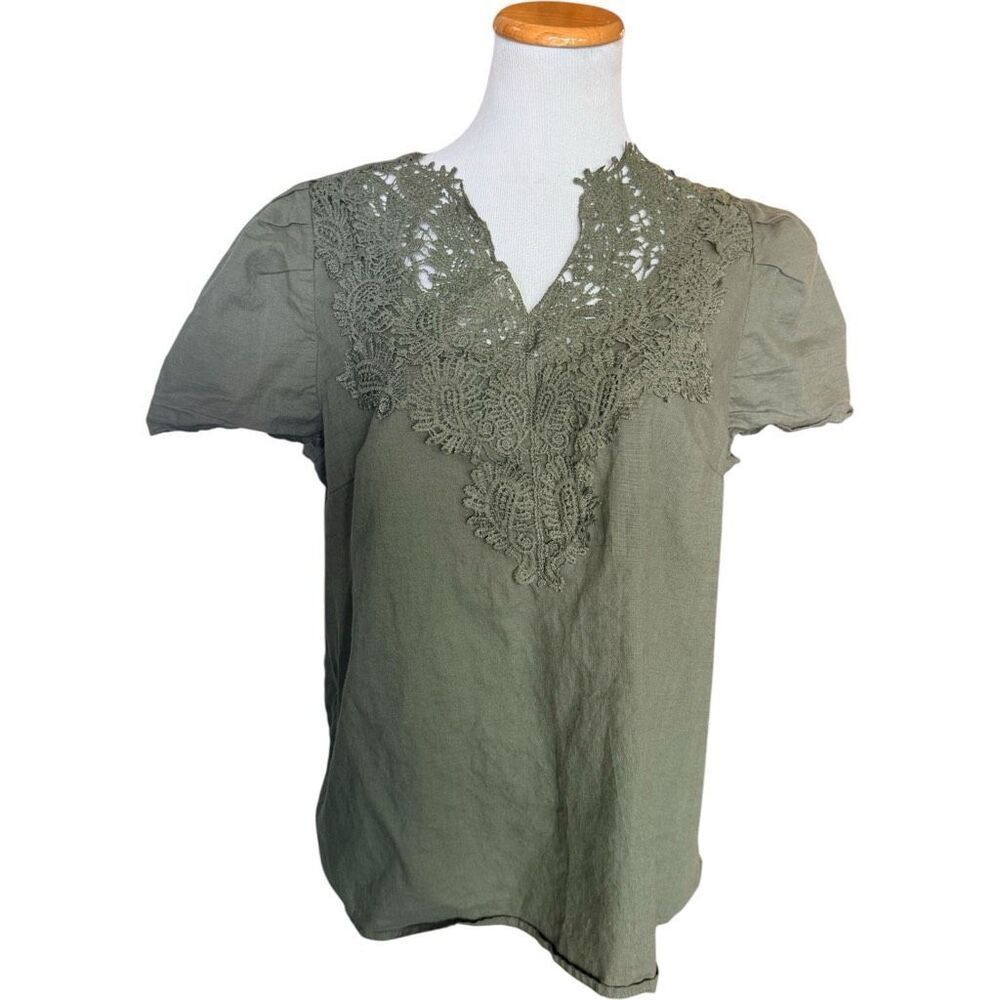Womens Shein Curve Plus Lace Neckline Army Green Cotton Top Blouse - Sz 1X